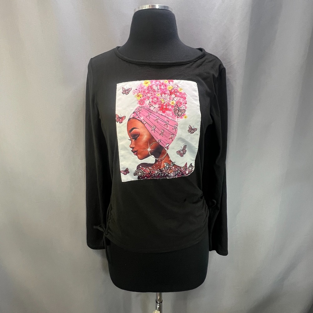 Ragdoll Breast Cancer Awareness Top Women Black Cinched Drawstring Detail Casual